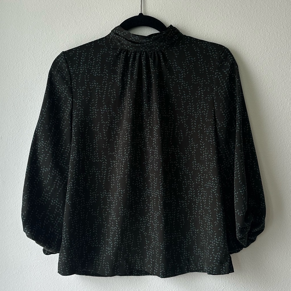 Prologue Blouse Olive Green Pattern | High Neck | Balloon Sleeves | Size: S